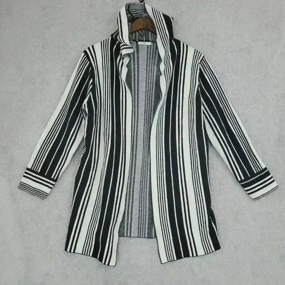 Sioni Women's L Black & White Striped Hooded Open front Cardigan Sweater   29PT - Picture 1 of 8